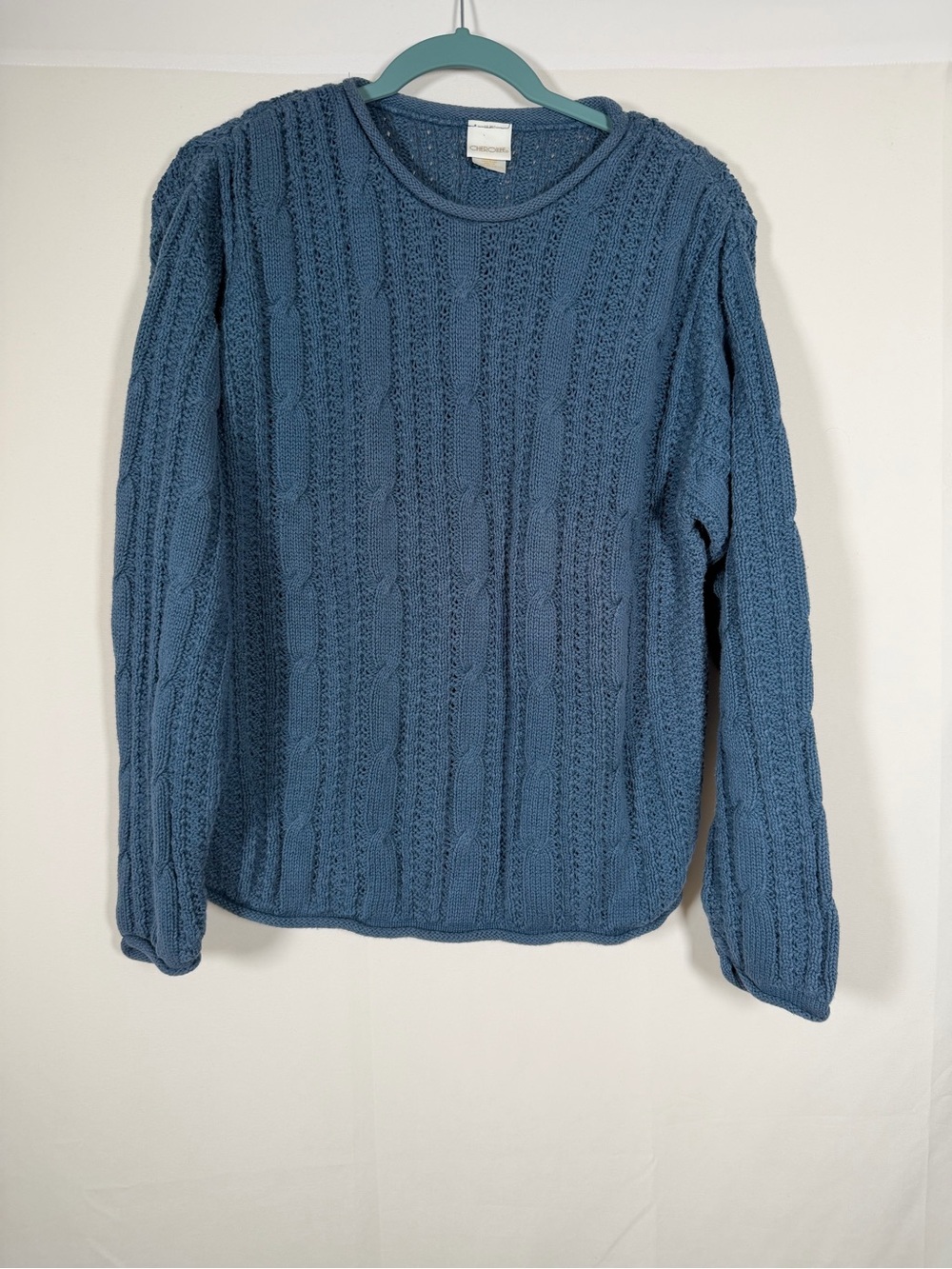 Vintage Roll Neck Blue Cable Knit Crewneck Sweater Fisherman Nautical Coastal